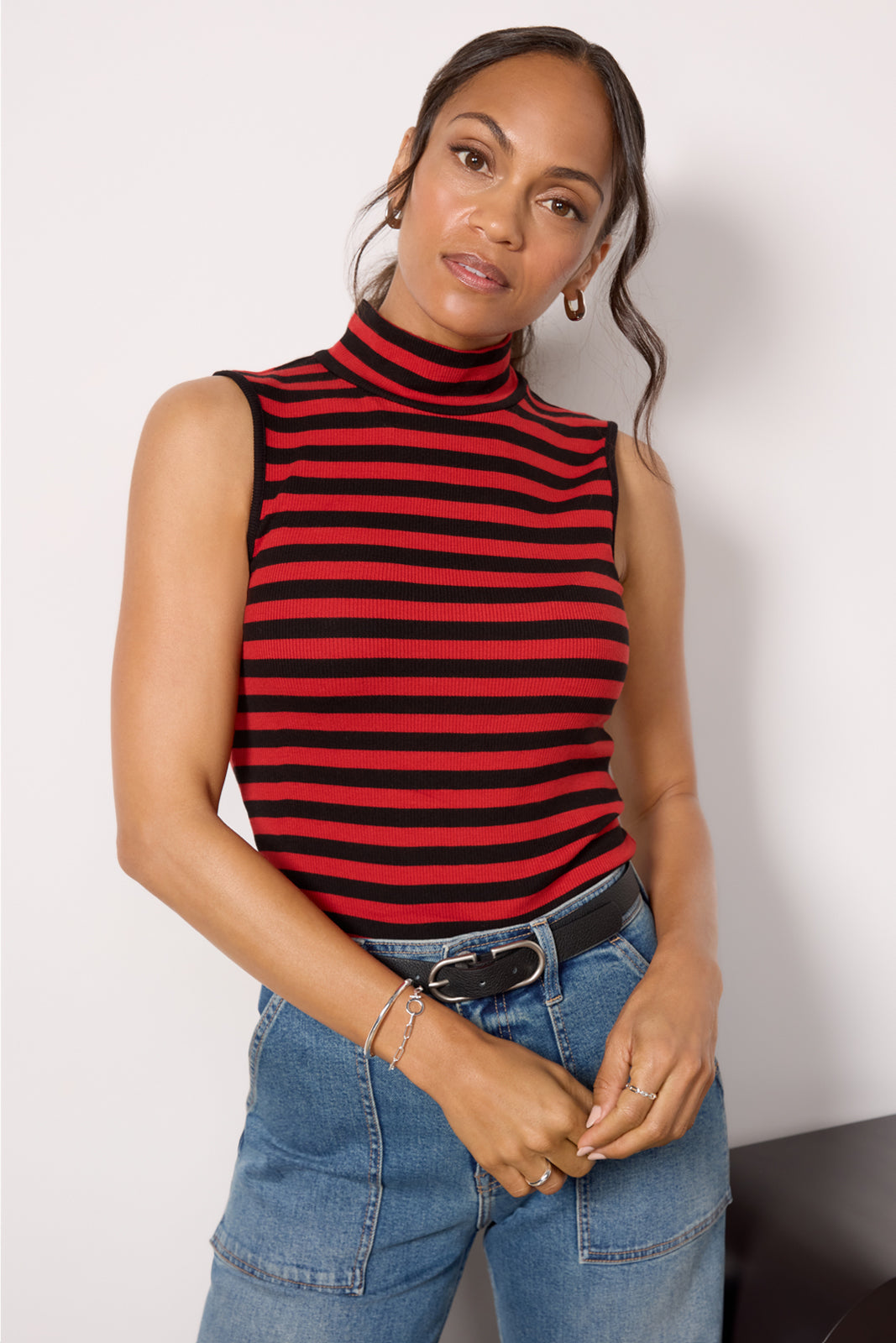 Essential Stripe Sleeveless Mock Neck