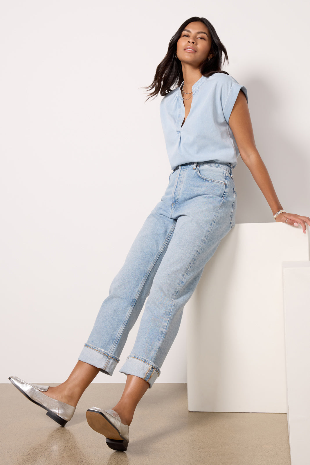 Denim Split Neck Top