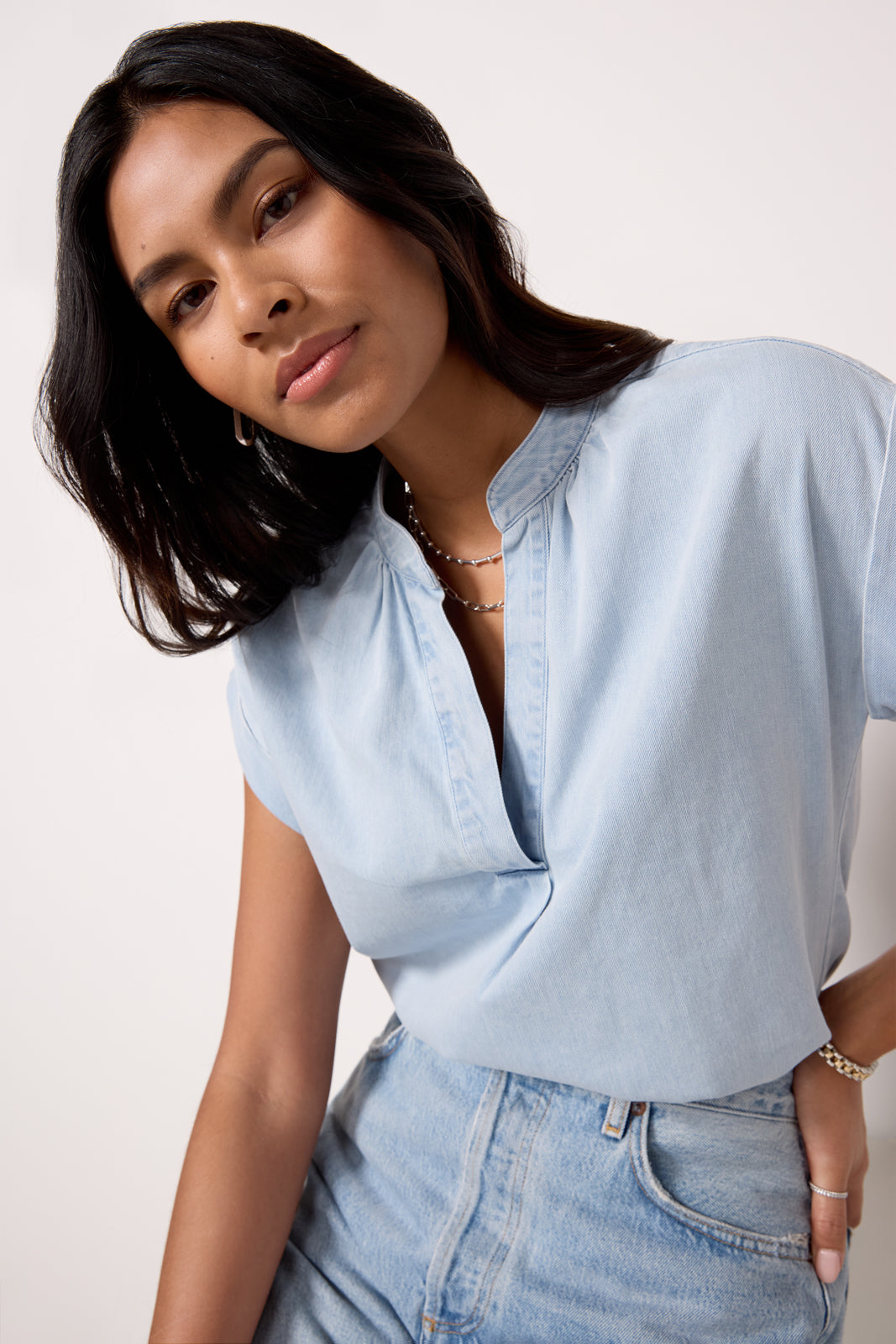 Denim Split Neck Top