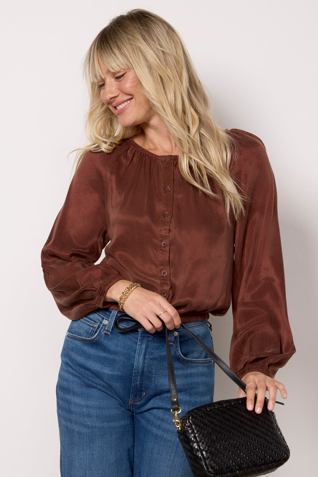 Shirred Button Front Blouse