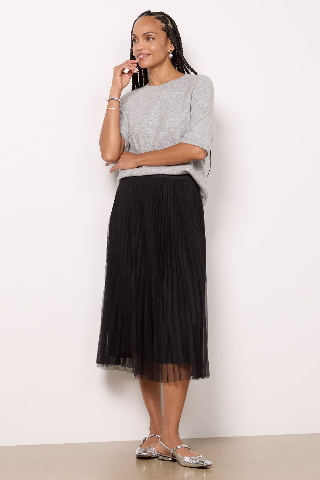 Tulle Pleated Midi Skirt