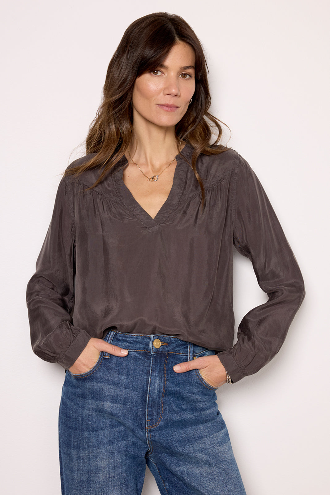 Long Sleeve Shirred Blouse