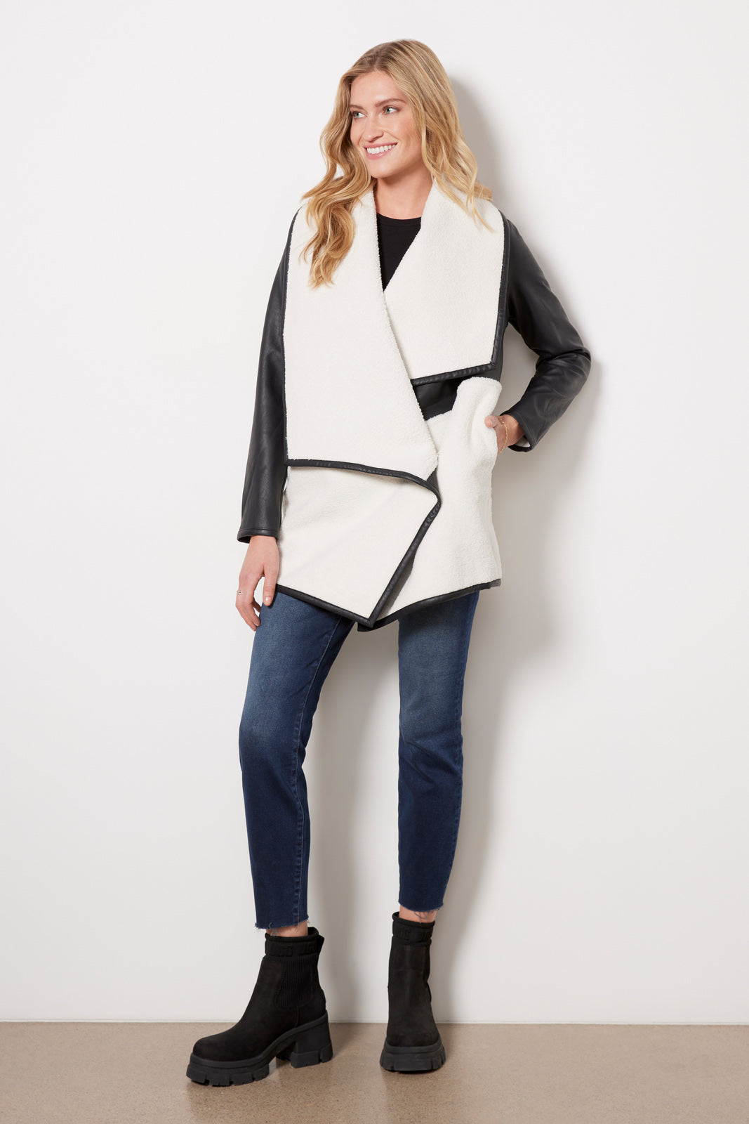 Fleece Leather Long Wrap Jacket