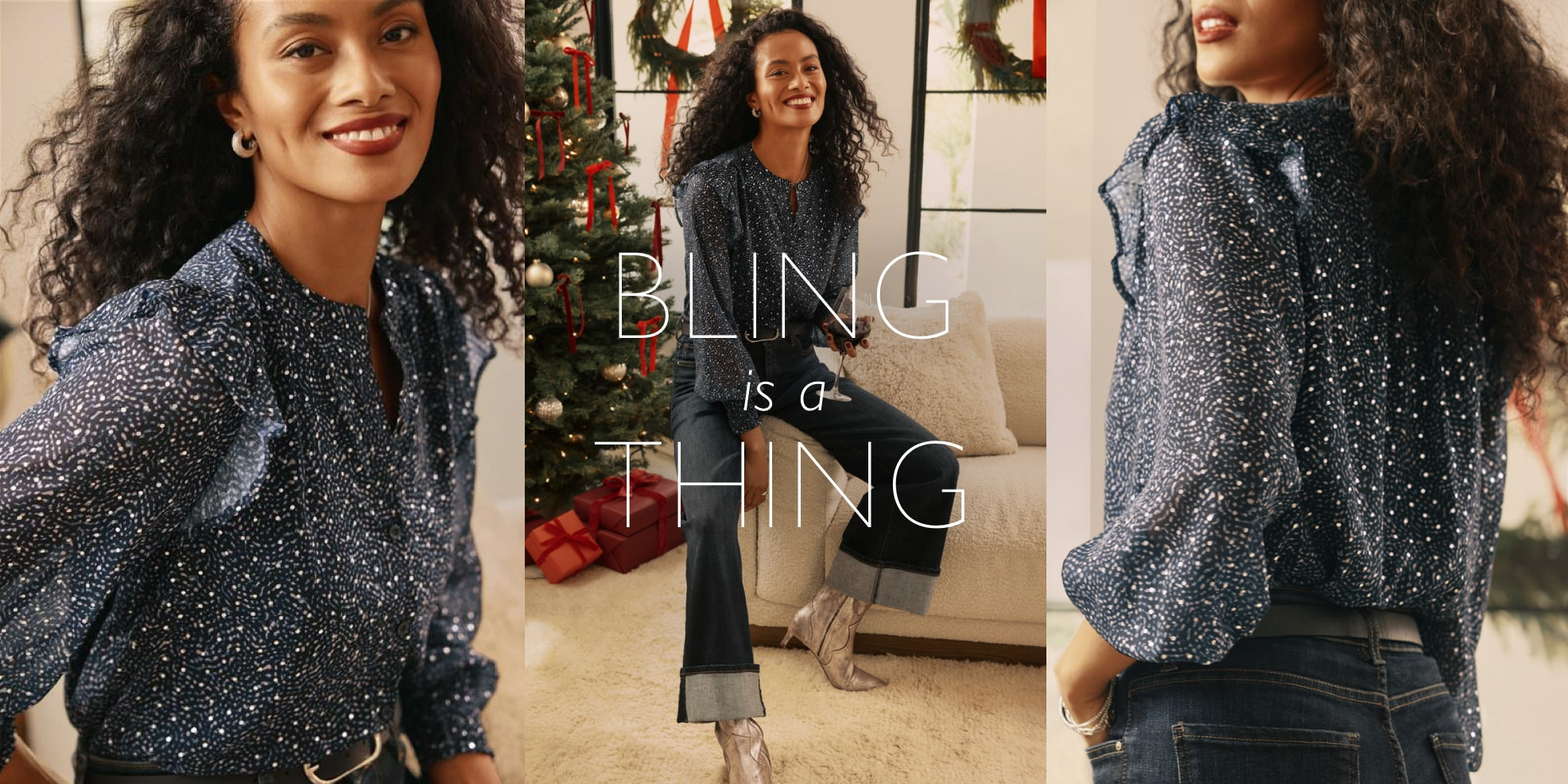 Woman in several different poses wearing a sparkle navy blue top with a split neckline, shoulder ruffle detail, and long sleeves paired with wide leg blue jeans and silver boots. Text over image reads: Bling is a Thing