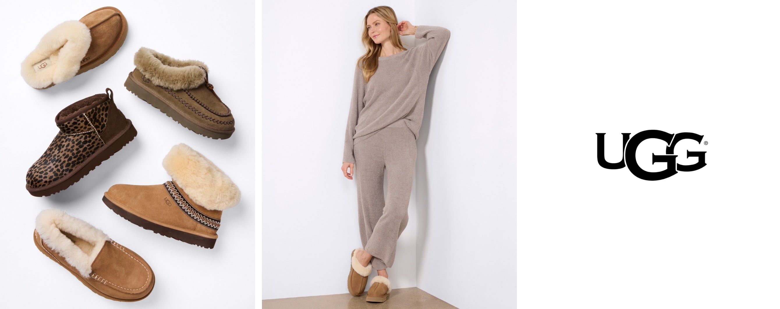 A woman stands wearing a matching sweatsuit and UGG slippers next to an image of a variety of UGG slippers.