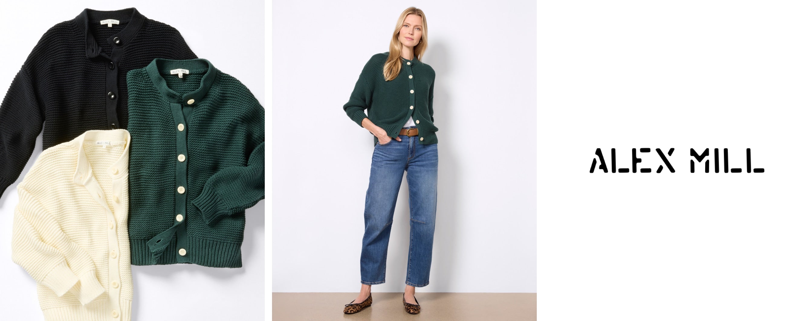 A woman wearing a green Alex Mill cardigan with blue jeans and ballet flats next to an image of three Alex Mill cardigans in black, forrest green, and ivory. 