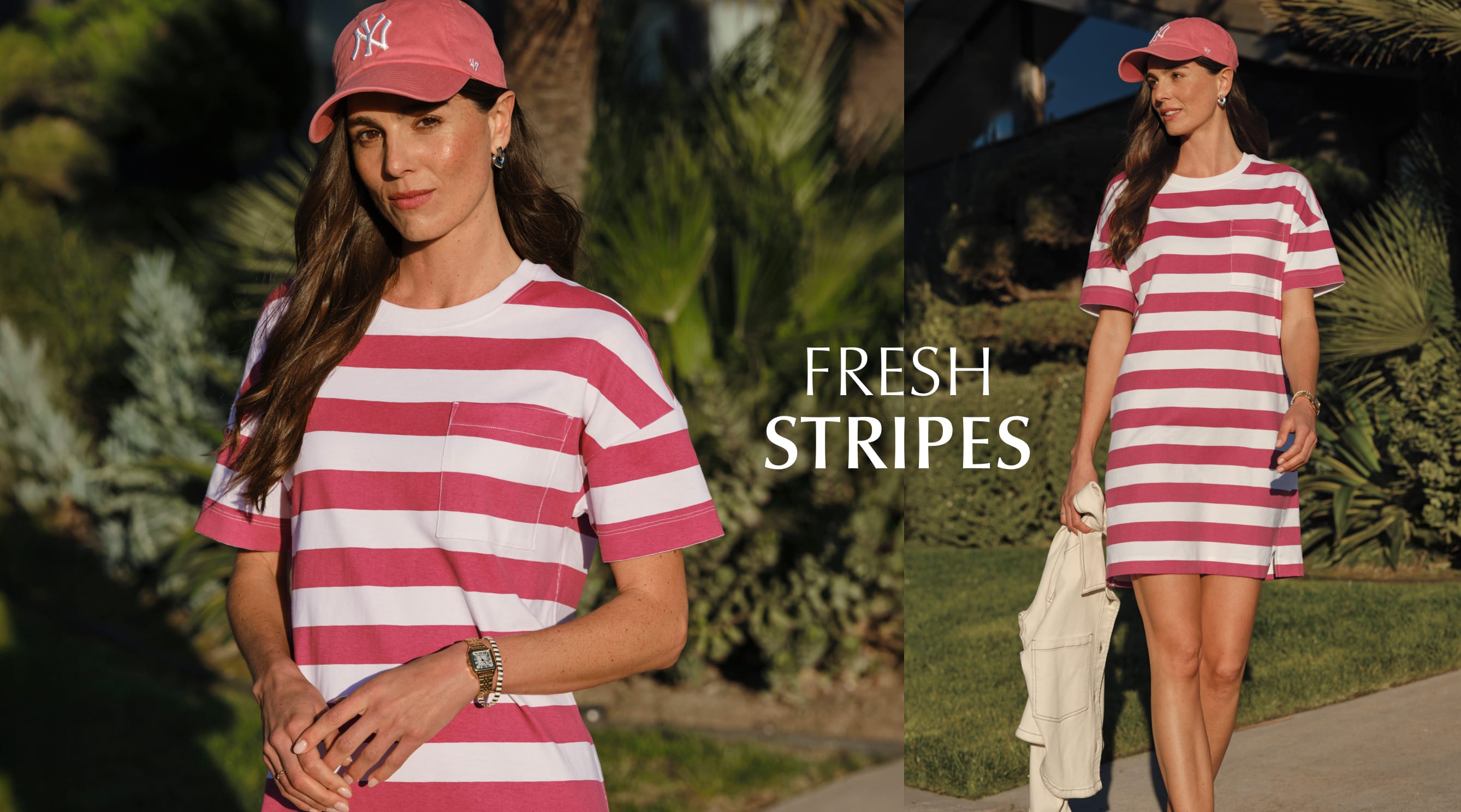Image of woman wearing stripe dress, text Fresh Stripes