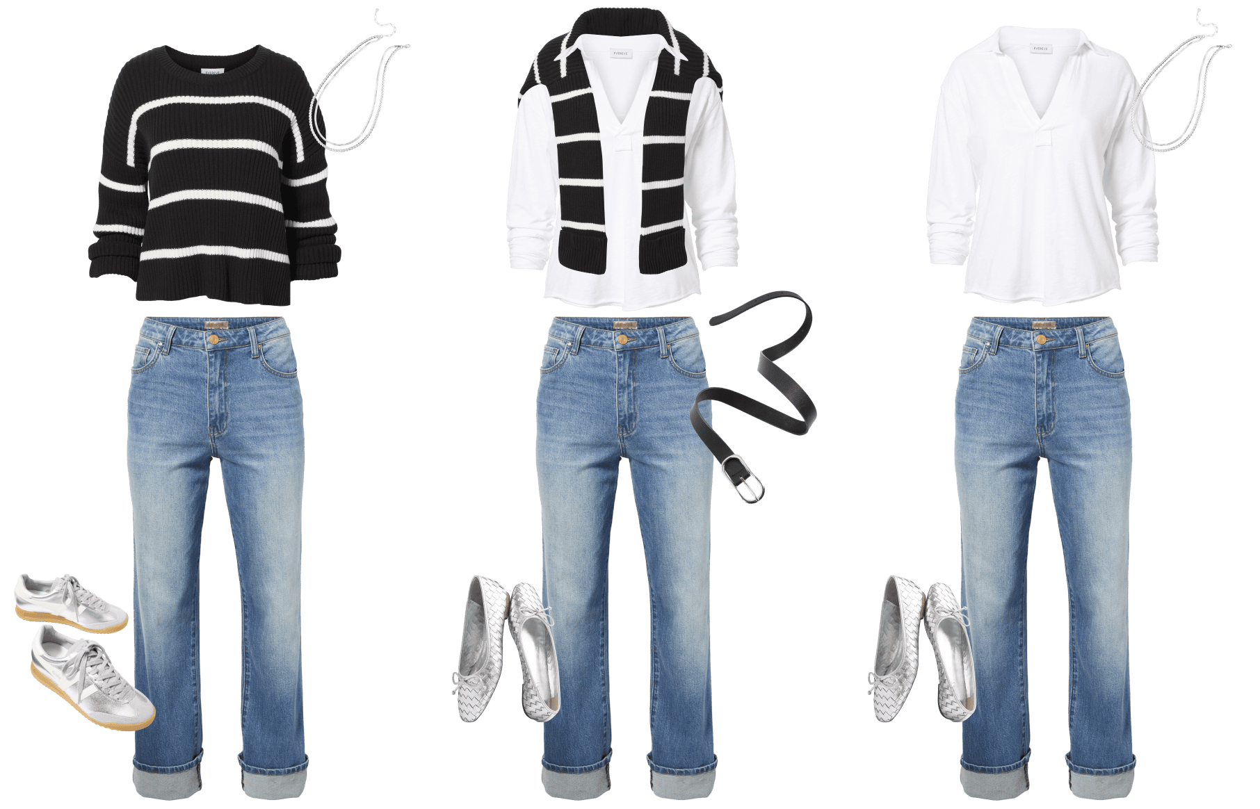 Image of three looks featuring blue jeans paired with different tops and accessories. 