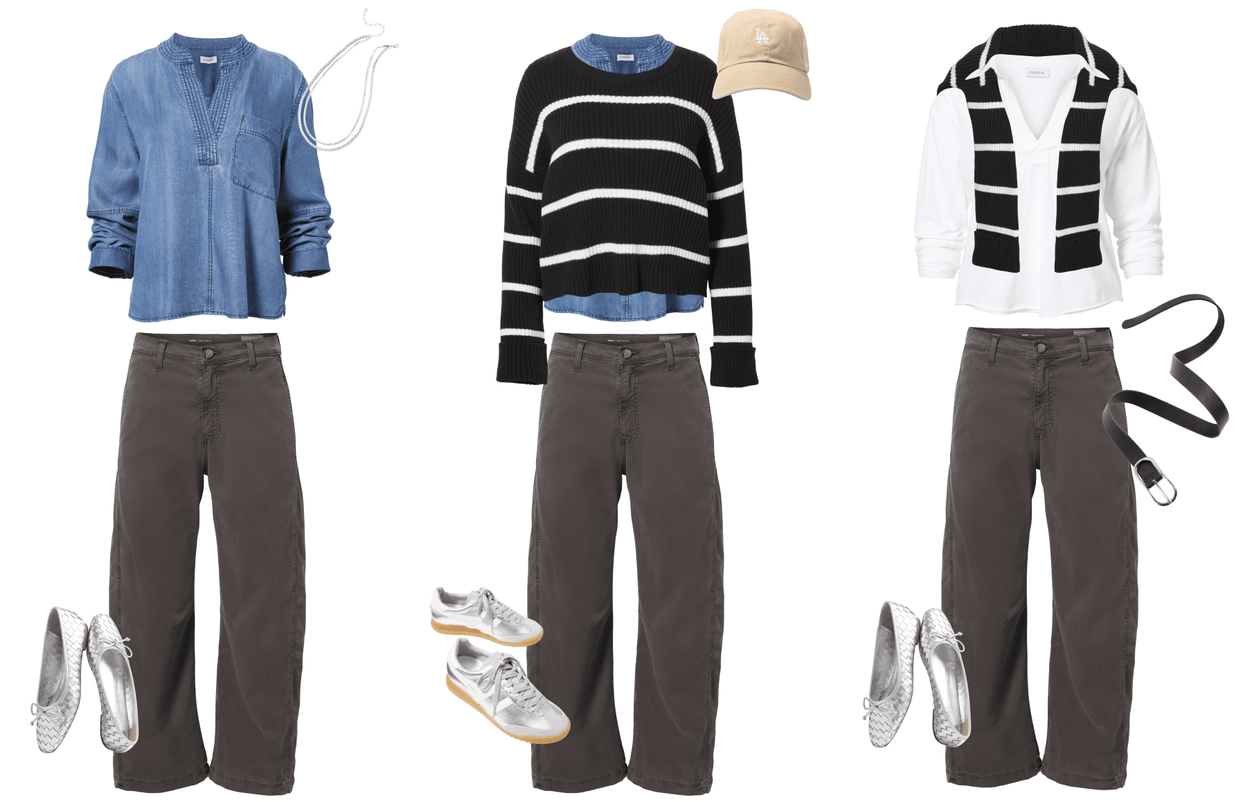 Image of three looks featuring brown cargo pants paired with different tops. 