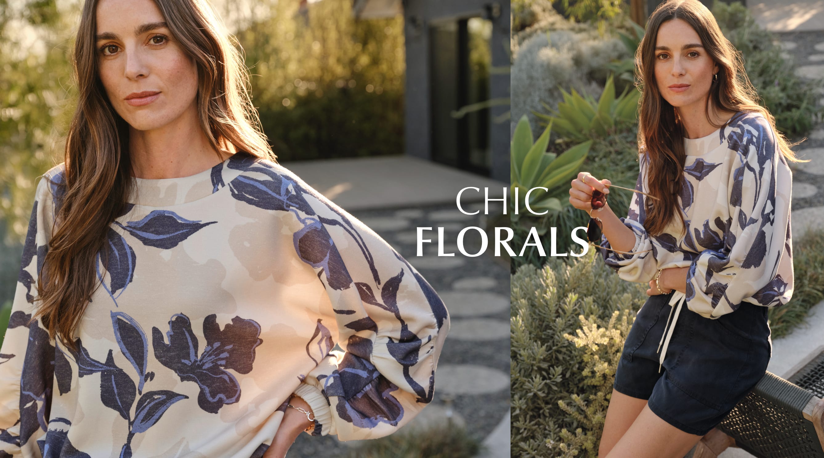 Image of woman wearing floral shirt, text Chic Florals