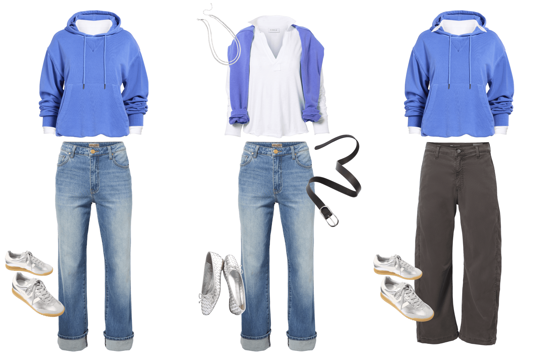 Image of three fashion looks featuring the same blue hoodie paired with different accessories.