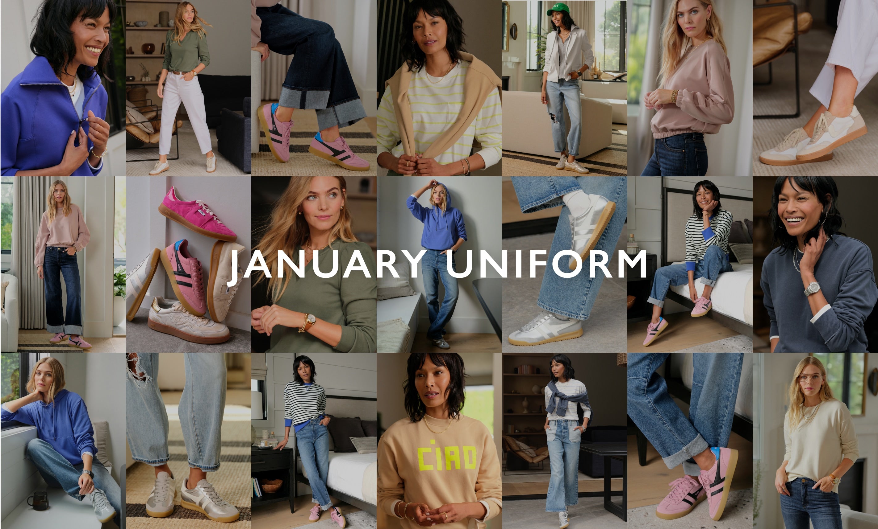 Image grid of several women wearing January fashion looks. Text over image, "January Uniform". 