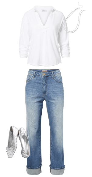 Image of white polo shirt with blue jeans, silver flats, and silver necklace. 