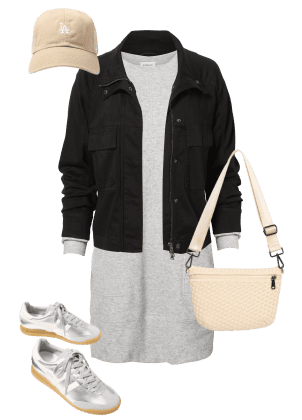 Image of grey t-shirt dress, black jacket, tan hat, ivory bag, and silver shoes.