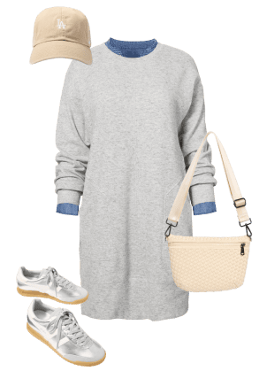 Image of grey t-shirt dress with tan baseball hat, ivory bag, and silver shoes. 