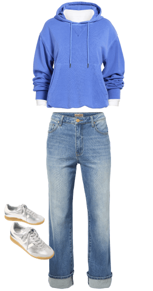 Image of blue hoodie with blue jeans and silver sneakers. 