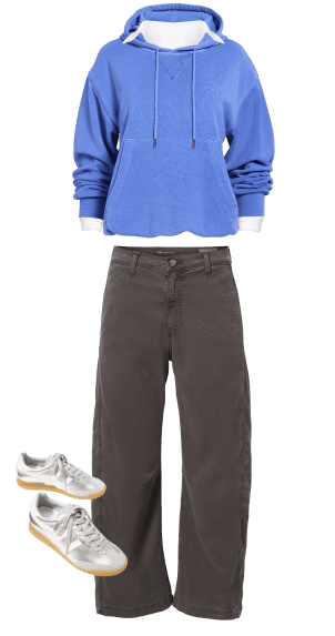 Image of blue hoodie with brown pants and silver sneakers. 